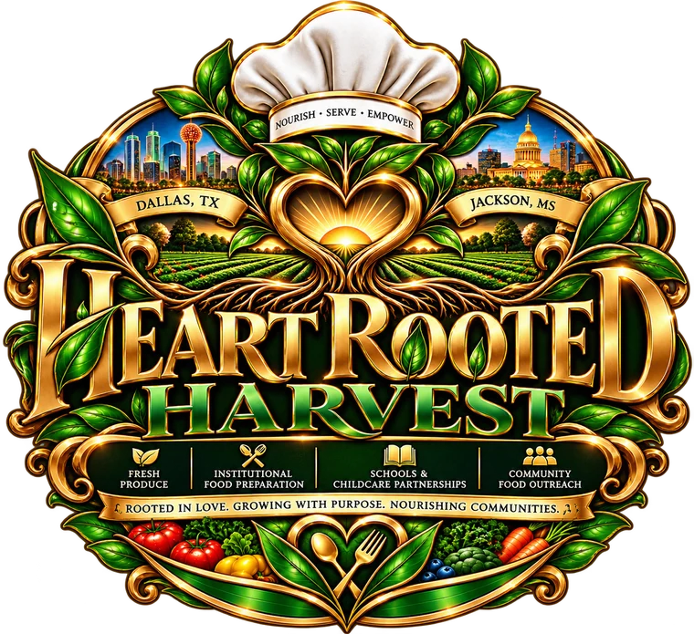 The Heart Rooted Harvest crest: a gold heart formed by roots, a chef’s hat, the Dallas and Jackson skylines, fields at sunrise and fresh vegetables